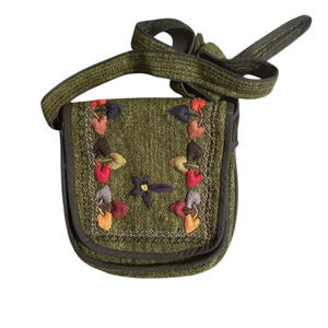 Wool Embroidered Crossbody Bag Purse Leaves Floral Felted Knit Green Boho Hippy